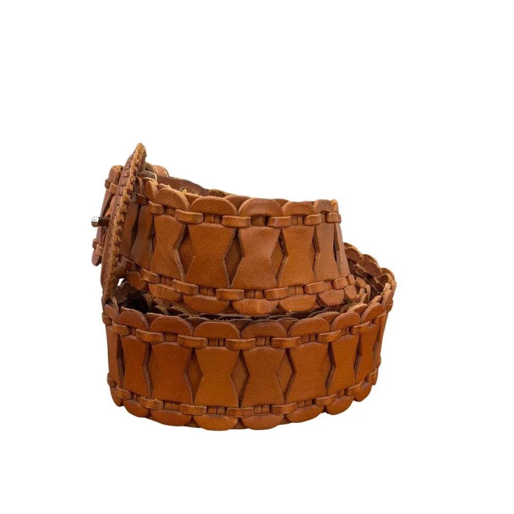 Fossil Leather Belt Womens SZ M Brown Western Boho Woven Covered Buckle Cottage